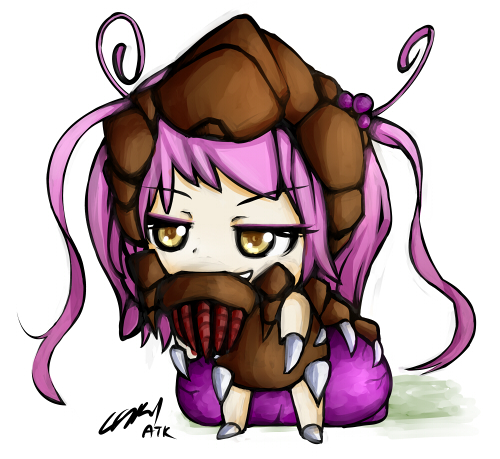 ahoge atk402 bangs chibi claws eyelashes eyeshadow grin long_hair looking_away lowres makeup monster_girl naughty_face personification purple_hair signature simple_background smile solo standing starcraft starcraft_2:_wings_of_liberty tentacles twintails two_side_up very_long_hair white_background yellow_eyes zerg_(starcraft) zerg_infestor