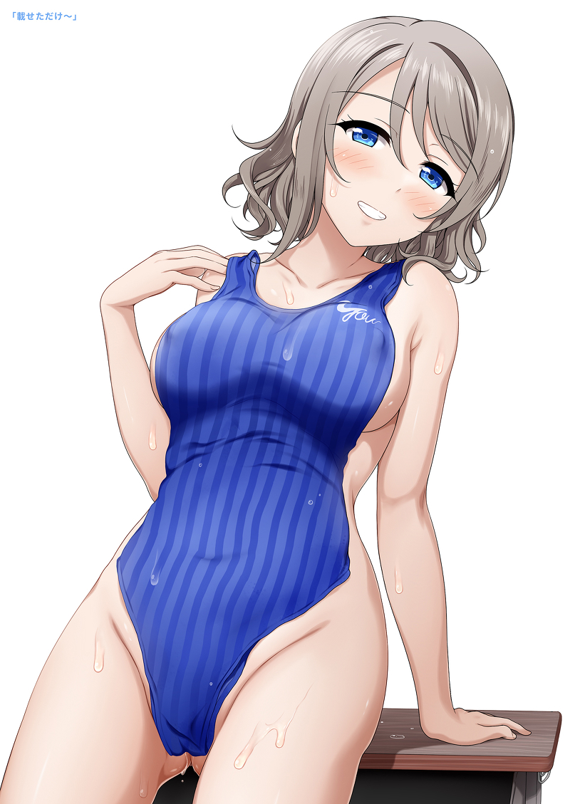 1girl :d arm_support bangs blue_eyes blue_swimsuit blush breasts character_name clothes_in_front clothes_removed clothes_writing collarbone colored_stripes competition_swimsuit covered_navel covering cowboy_shot erect_nipples eyebrows_visible_through_hair gluteal_fold grey_hair groin hair_between_eyes hand_on_own_shoulder hand_up head_tilt large_breasts leaning_back looking_at_viewer love_live! love_live!_sunshine!! miel_(lessontome) nude nude_cover one-piece_swimsuit open_mouth shadow short_hair sideboob simple_background sitting smile solo striped striped_swimsuit swept_bangs swimsuit swimsuit_removed upper_teeth vertical_stripes watanabe_you wavy_hair wet wet_clothes white_background