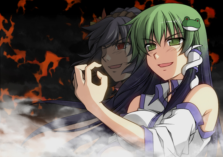 detached_sleeves dis_astranagant dress frog green_eyes green_hair hair_ornament hand_up inu_mamoru_mizuki kochiya_sanae long_hair multiple_girls parody purple_hair red_eyes smirk snake super_robot_wars super_robot_wars_original_generation touhou white_dress yasaka_kanako