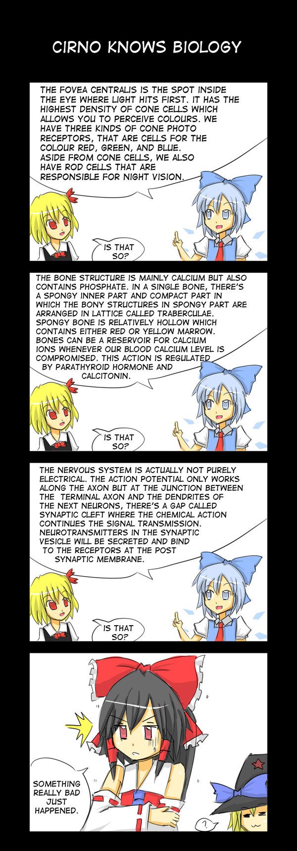 4koma :3 =_= ? biology cirno comic hakurei_reimu highres is_that_so kirisame_marisa lunarisaileron multiple_girls rumia touhou wall_of_text