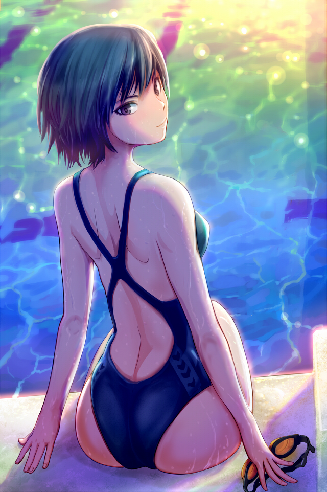 amagami black_hair brown_eyes competition_swimsuit from_behind goggles haitaka looking_back md5_mismatch nanasaki_ai one-piece_swimsuit pool resized short_hair sitting solo swimsuit water
