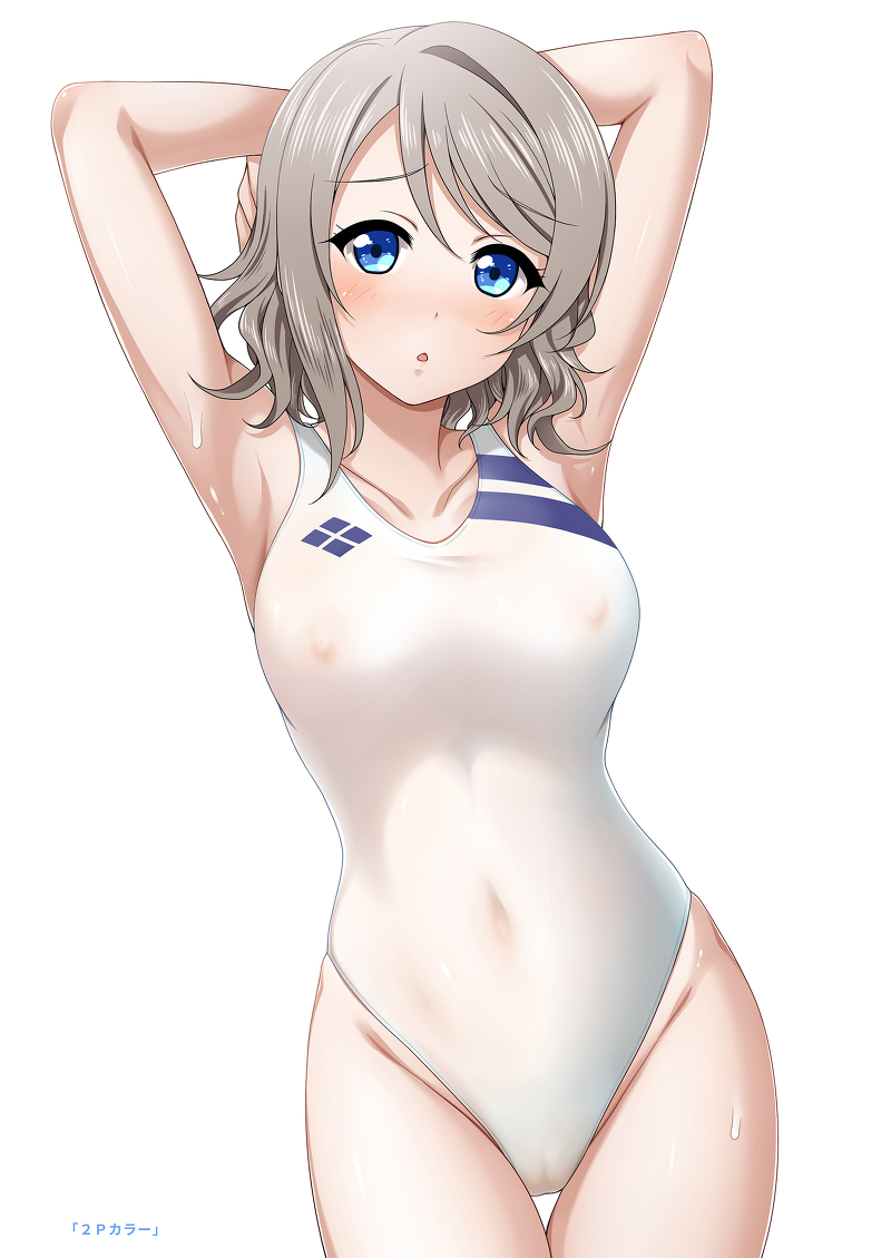 1girl :o armpits arms_up bangs blue_eyes blush breasts cameltoe collarbone competition_swimsuit covered_navel eyebrows_visible_through_hair grey_hair hair_between_eyes highleg highleg_swimsuit large_breasts looking_at_viewer love_live! love_live!_sunshine!! miel_(lessontome) nipples one-piece_swimsuit open_mouth parted_bangs see-through short_hair simple_background skindentation solo standing swept_bangs swimsuit watanabe_you wet white_background white_swimsuit