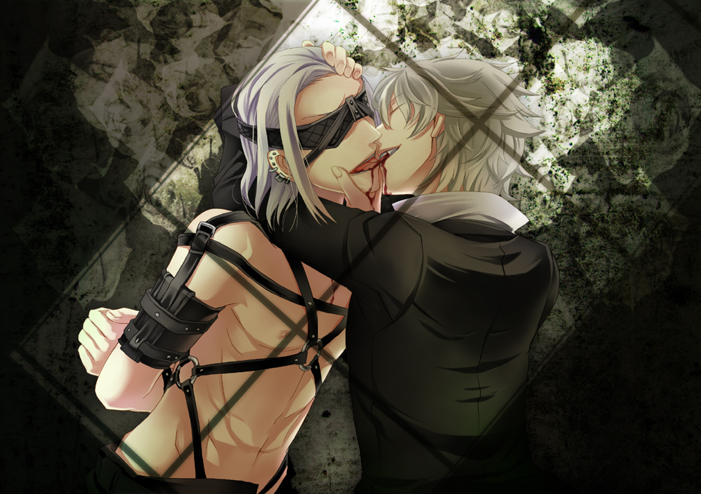2boys bdsm blindfold blood bondage bound kiss male male_focus multiple_boys muscle vampire yaoi
