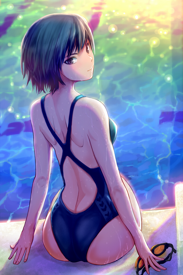 amagami ass black_hair brown_eyes competition_swimsuit from_behind goggles haitaka looking_back md5_mismatch nanasaki_ai one-piece_swimsuit pool resized revision short_hair sitting solo swimsuit water