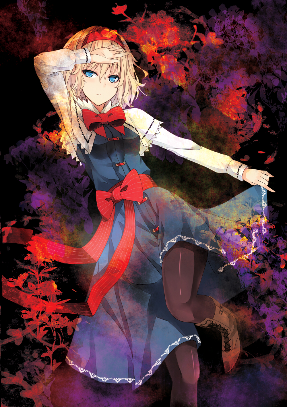 alice_margatroid blonde_hair blue_eyes boots brown_legwear cross-laced_footwear dress hairband highres lace-up_boots looking_at_viewer nabeshima_tetsuhiro pantyhose sash skirt_hold solo touhou