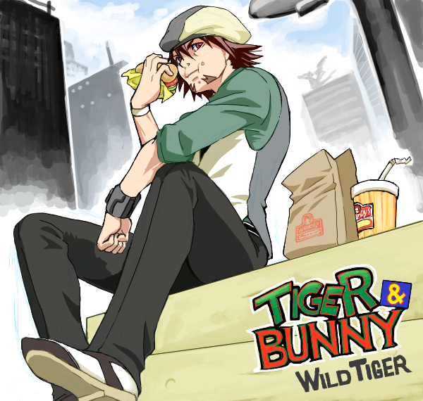 brown_eyes brown_hair cabbie_hat chinjuu_hibakichi dutch_angle eating facial_hair food hamburger hat kaburagi_t_kotetsu male_focus necktie sitting solo stubble tiger_&amp;_bunny vest waistcoat watch wristwatch