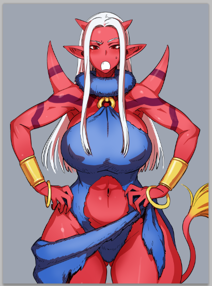 armlet blush bobobo breasts center_opening covered_nipples dragon_quest dragon_quest_x fang fur hands_on_hips hips horns huge_breasts jewelry long_hair markings midriff navel o-ring o-ring_top ogre_(dq10) open_mouth pointy_ears puffy_nipples red_eyes red_skin scarf sketch solo spikes sweatdrop tail white_hair wide_hips