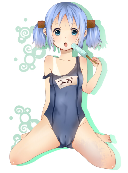blue_eyes blue_hair cameltoe food hair_cubes hair_ornament naganohara_mio nichijou one-piece_swimsuit open_mouth panties popsicle potesara school_swimsuit sexually_suggestive sitting solo strap_slip swimsuit twintails underwear wariza wet wet_clothes wet_panties