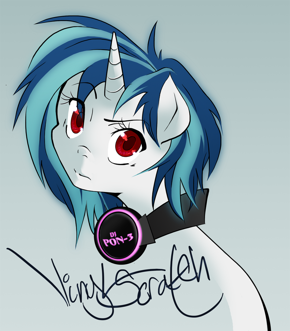 equine eyelashes female friendship_is_magic hair headphones horn horse long_hair mammal my_little_pony plain_background pony portrait puzzle-of-life red_eyes short_hair solo two_tone_hair unicorn vinyl_scratch_(mlp) whirlywillow white_body