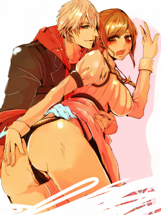 1girl ass bent_over black_panties blue_eyes blush capcom couple devil_may_cry devil_may_cry_4 dress female hood hoodie jewelry kyrie long_hair male nero nero_(devil_may_cry) open_mouth orange_eyes orange_hair panmimi panties pendant short_hair silver_hair sweat sweatdrop thong underwear