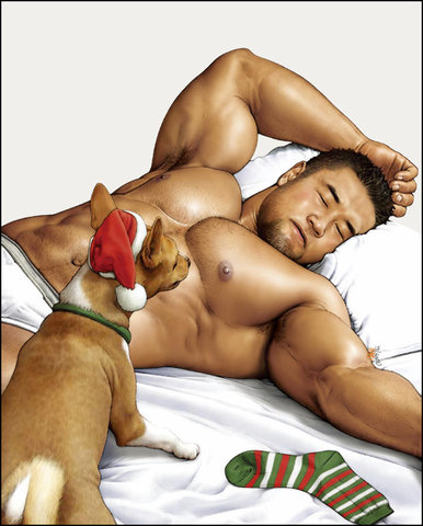 canine chihuahua christmas dog feral holidays human jiraiya male mammal muscles plain_background sleeping underwear white_background xmas