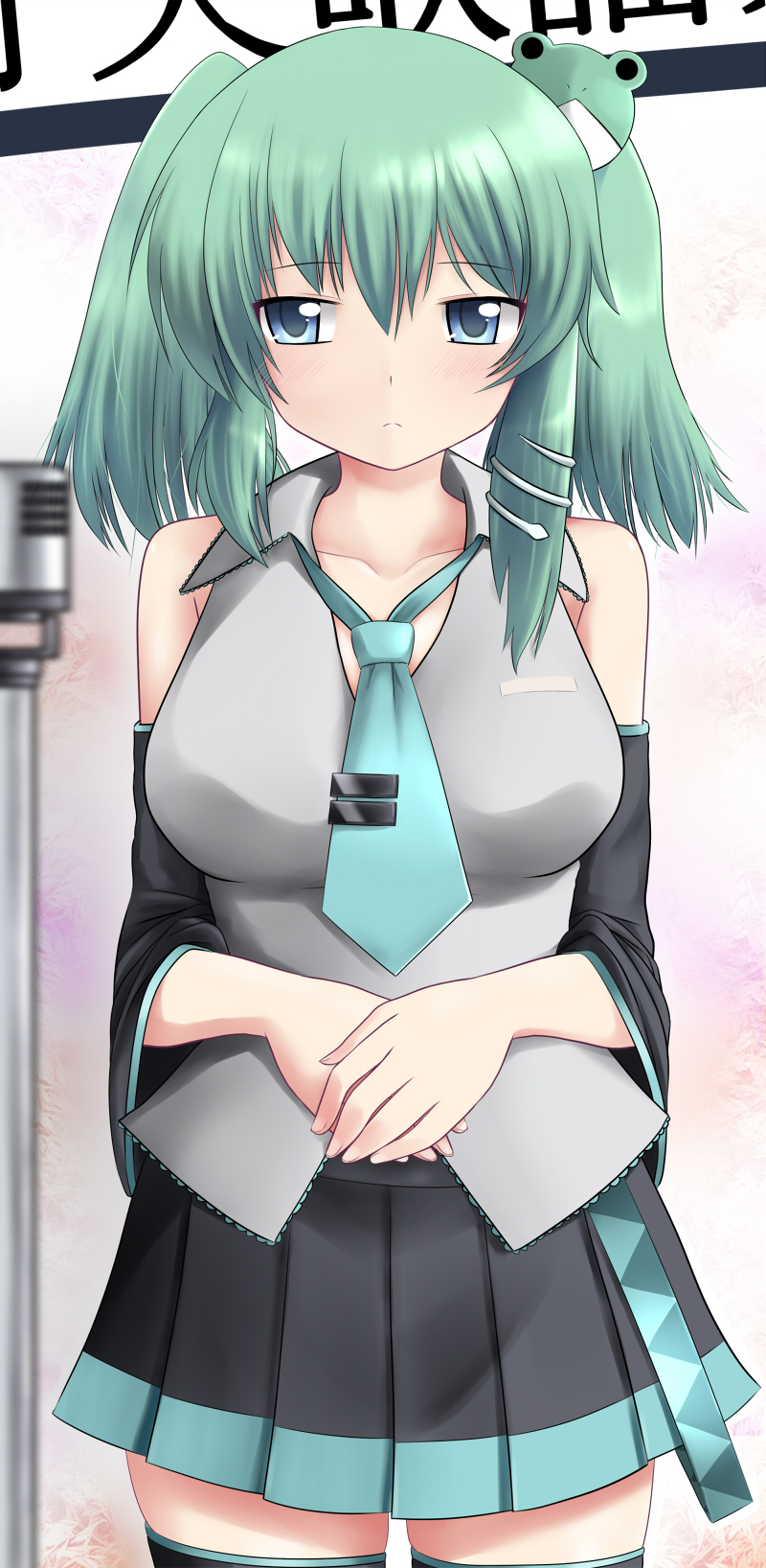 alternate_hair_length alternate_hairstyle blue_eyes blurry blush collarbone cosplay depth_of_field detached_sleeves green_hair hatsune_miku hatsune_miku_(cosplay) highres john_(kakurenbo) kochiya_sanae microphone microphone_stand necktie short_hair skirt solo thighhighs touhou twintails vocaloid zettai_ryouiki