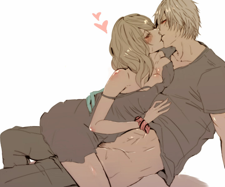 1boy 1girl bare_shoulders body_blush bracelet breasts brown_hair capcom cleavage clothed_sex couple devil_may_cry devil_may_cry_4 dress eyes_closed female jewelry kiss kissing kyrie long_hair male nero nero_(devil_may_cry) panmimi pants pants_down pubic_hair sex shirt short_hair silver_hair sweat