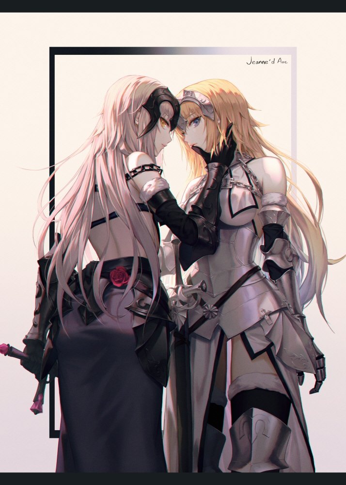 2girls ahoge arm_behind_back armor armored_dress ass bangs bare_shoulders blonde_hair breasts chains character_name dress fate/grand_order fate_(series) gauntlets hand_on_another's_face headpiece hiera12 holding holding_sword holding_weapon jeanne_d'arc_(alter)_(fate) jeanne_d'arc_(fate) jeanne_d'arc_(fate)_(all) large_breasts letterboxed long_hair looking_at_viewer medium_breasts multiple_girls silver_hair sword thighhighs tsurime weapon yellow_eyes