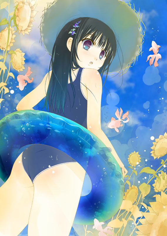 ass bad_id bad_pixiv_id bare_shoulders black_hair blue_eyes fish flower from_behind from_below hat innertube long_hair looking_back one-piece_swimsuit open_mouth original solo standing straw_hat sunflower swimsuit water yurikuta_tsukumi