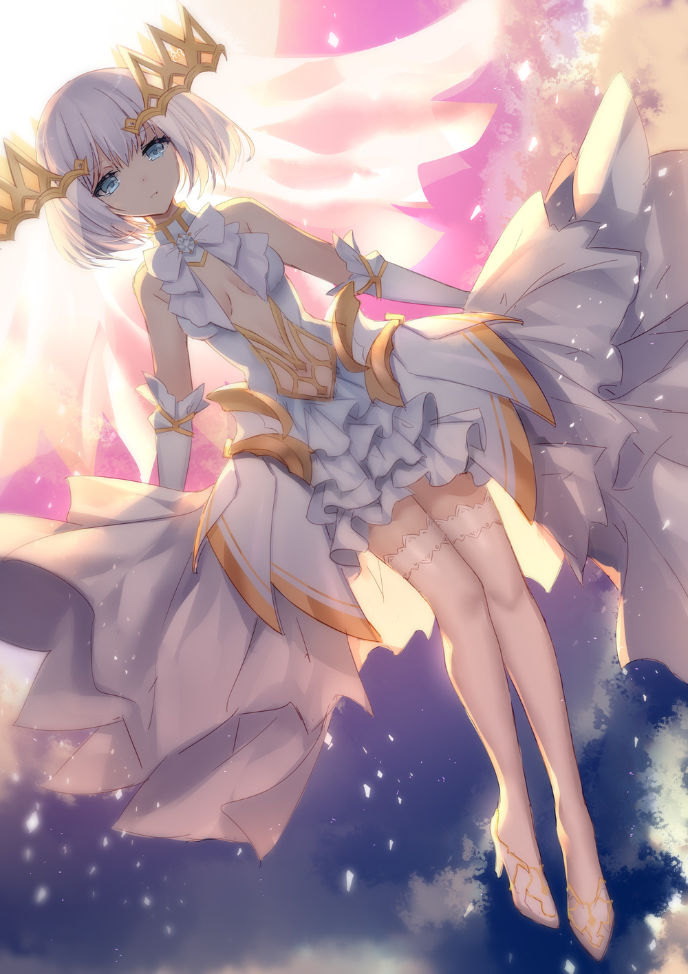 1girl backlighting bare_shoulders bison_cangshu blue_eyes center_opening closed_mouth date_a_live dress elbow_gloves frilled_dress frills full_body gloves headgear high_heels highres light_particles long_dress looking_at_viewer ribbon short_hair sleeveless sleeveless_dress solo thighhighs tobiichi_origami veil white_dress white_footwear white_gloves white_hair white_legwear white_ribbon