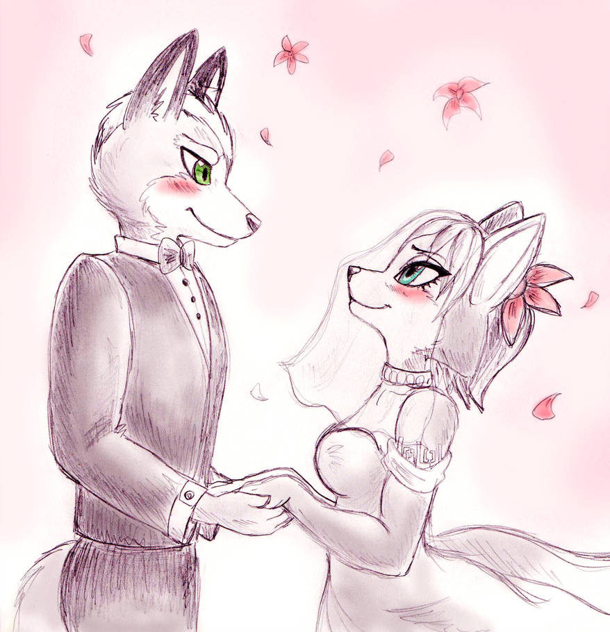 anthro black_nose blue_eyes blush bow_tie bride canine clothing couple_(disambiguation) dress duo eye_contact flower flower_in_hair flower_pedals fox fox_mccloud fur green_eyes groom hand_holding happy invalid_tag krystal love mammal nintendo plant romantic_ambience romantic_couple shiroiwolf simple_background smile star_fox suit tattoo tuxedo video_games wedding