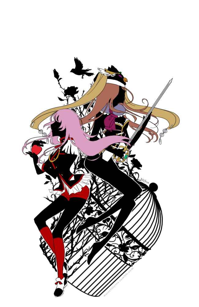 aiguillette apple bike_shorts bird birdcage brown_hair cage creator_connection crossover food fruit hat long_hair mawaru_penguindrum michira_(3chira) multiple_girls pink_hair princess_of_the_crystal red_legwear shoujo_kakumei_utena socks sword takakura_himari tenjou_utena weapon