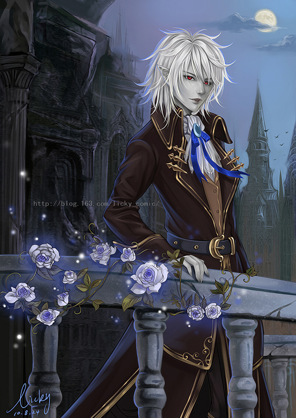 2010 ascot bad_id bad_pixiv_id belt bird building cloud coat flower full_moon licky male_focus moon night original pointy_ears red_eyes ribbon rose signature silver_hair solo vampire watermark white_flower white_rose
