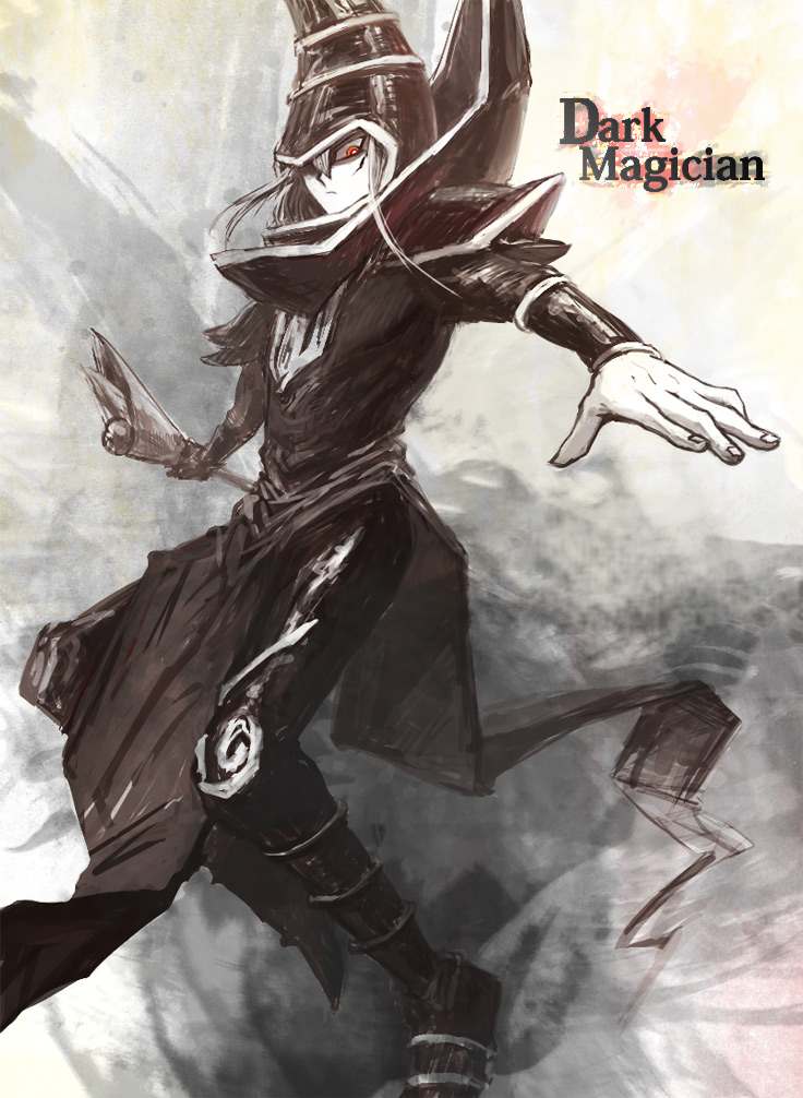 dark_magician duel_monster hat long_hair male male_focus monochrome red_eyes yu-gi-oh! yuu-gi-ou_duel_monsters