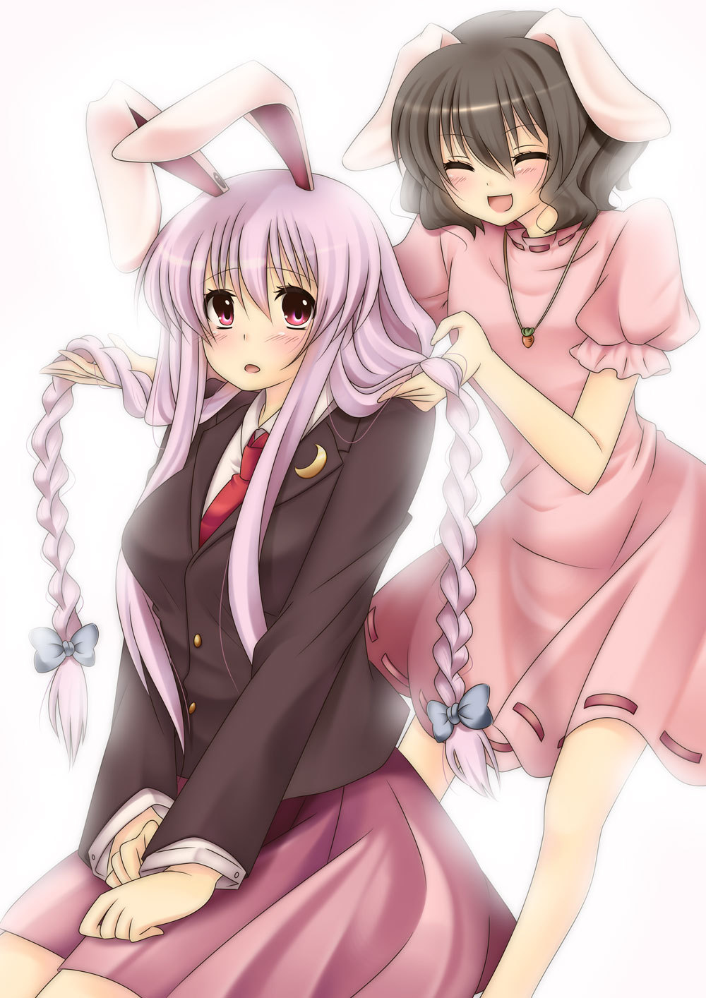 ^_^ alternate_hairstyle animal_ears bloom blush braid brown_hair bunny_ears carrot carrot_necklace closed_eyes dress hair_grab hands_in_hair highres inaba_tewi jewelry jpeg_artifacts lavender_hair long_hair multiple_girls necklace necktie open_mouth pendant pink_dress pink_eyes red_neckwear reisen_udongein_inaba shirt sitting skirt smile suzuki_nene touhou twin_braids v_arms
