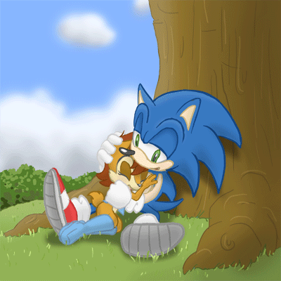 animated blue boots brown chipmunk couple cute e_122_psi embrace eyes_closed female gif gloves green_eyes happy hedgehog loop male rodent sally_acorn sega shoes sitting sonic_(series) sonic_the_hedgehog squirrel tail tailwag tree vest wood