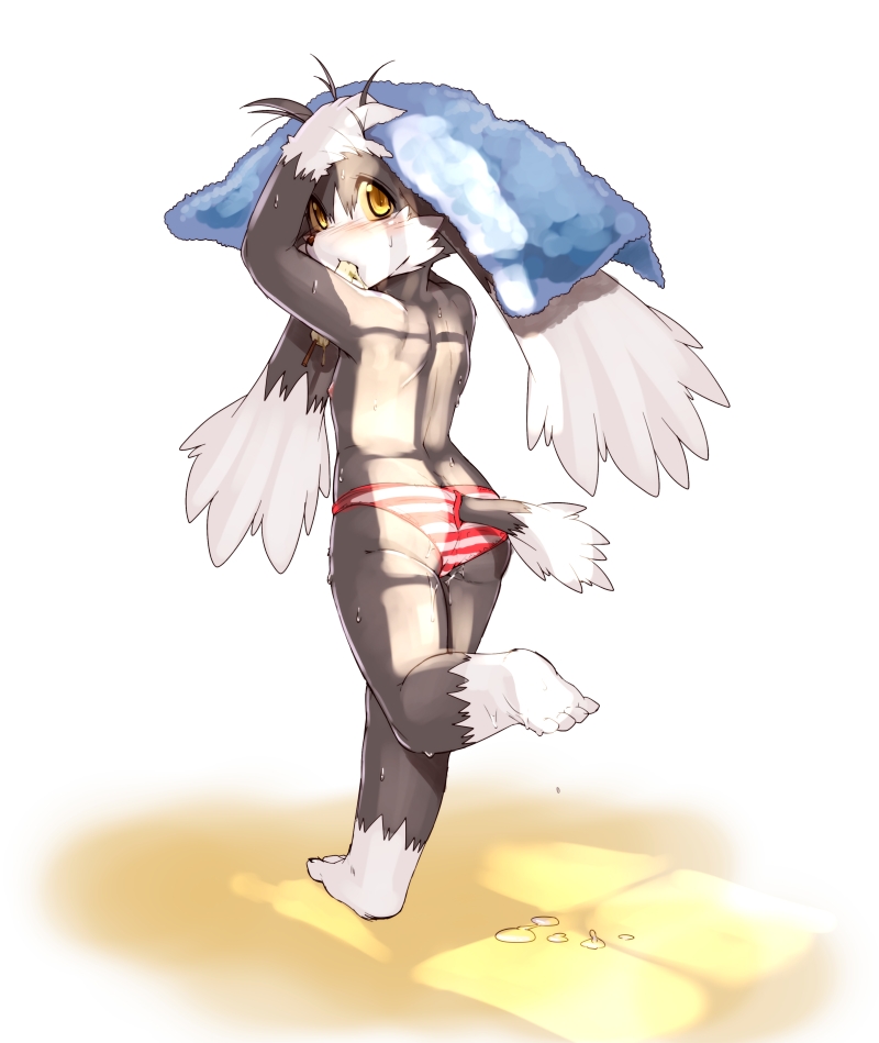 anthro blush clothed clothing drying ice_cream klonoa klonoa_(series) looking_at_viewer male nipples plain_background shaolin_bones simple_background skimpy solo standing topless towel underwear