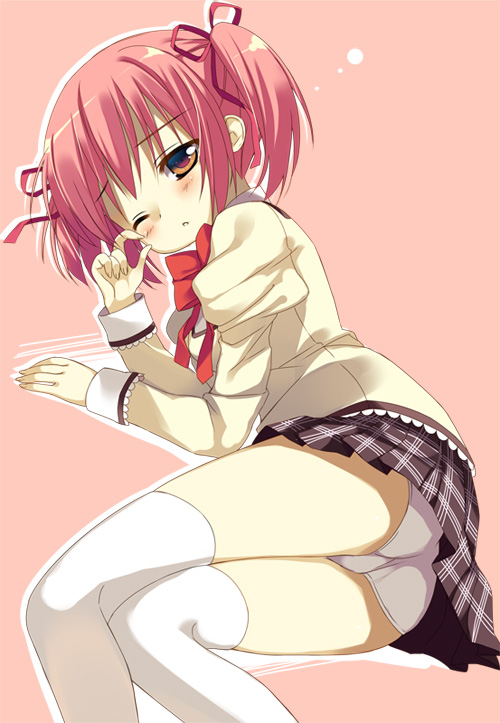 ass bad_id bad_pixiv_id blush bow hair_bow hair_ribbon kaname_madoka lying mahou_shoujo_madoka_magica on_side orange_eyes panties pikomint pink_hair ribbon school_uniform short_twintails simple_background skirt sleepy solo thighhighs twintails underwear