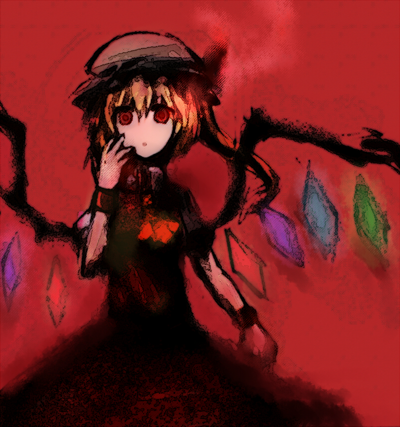 :o blonde_hair empty_eyes expressionless flandre_scarlet hand_on_own_face hat masa_(neku) no_nose red solo touhou wings wristband