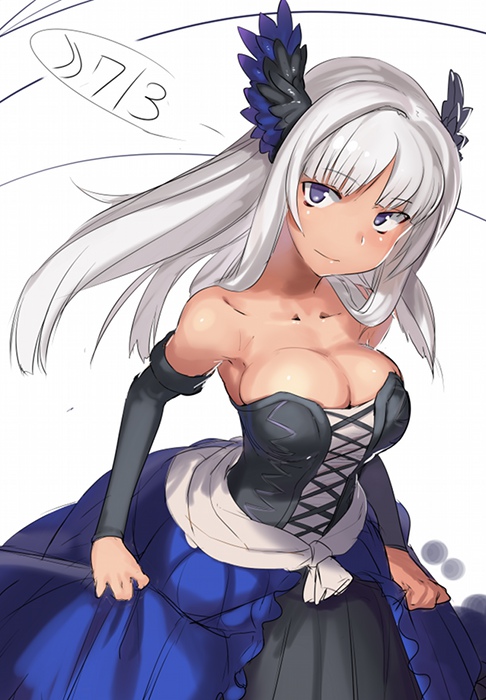 bare_shoulders breasts cleavage dress gwendolyn hair_ornament large_breasts long_hair odin_sphere okiyasusi purple_eyes skirt_hold solo strapless strapless_dress white_hair