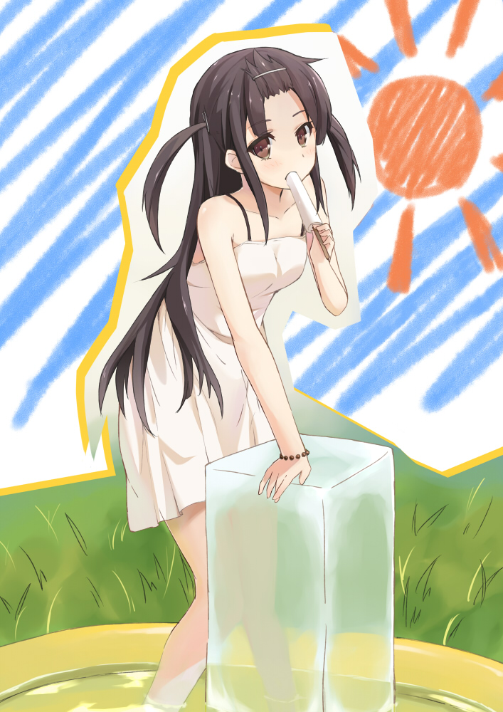 arm_support black_hair bracelet brown_eyes cccpo doodle dress food ice ice_block jewelry long_hair looking_at_viewer original popsicle solo standing sun sundress two_side_up wading wading_pool water