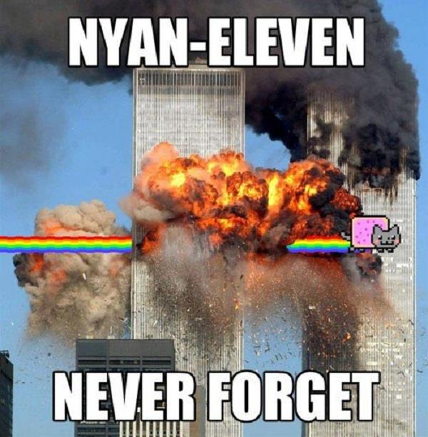 :3 ambiguous_gender blush cat edit english_text explosion feline feral fire humor image_macro lol_comments mammal meme never_forget nyan_cat poptart pun rainbow real sky smoke solo text tower twiglet31_(artist) twin_towers