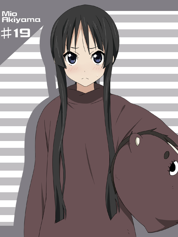 akiyama_mio alternate_hairstyle animal_costume black_eyes black_hair blush character_name cow_costume frown ikari_manatsu k-on! long_hair ponytail solo sweatdrop