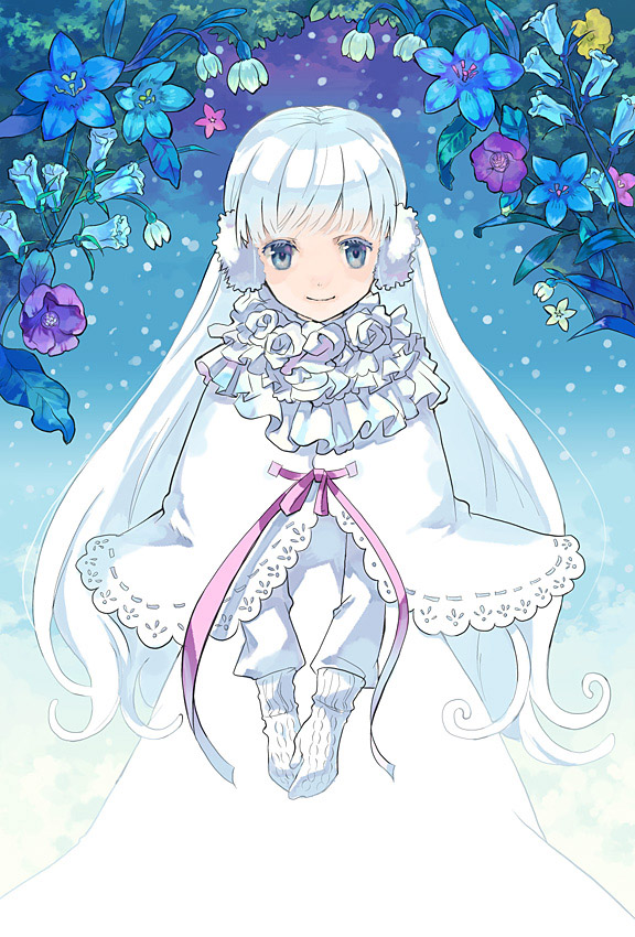 blue_eyes capelet earmuffs eihi flower long_hair mittens original ribbon smile snow solo white_hair winter_clothes