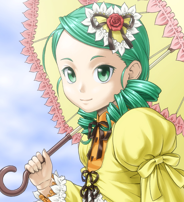 closed_mouth doll_joints drill_hair face flower green_eyes green_hair hair_ornament ichikawa_masahiro kanaria light_smile long_sleeves neck_ribbon parasol puffy_sleeves ribbon rose rozen_maiden short_hair sky smile solo twin_drills twintails umbrella upper_body