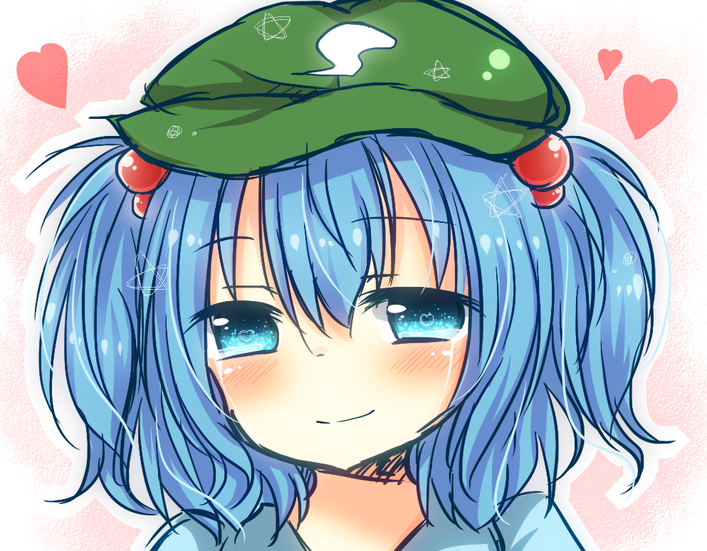 blue_eyes blue_hair blush close-up closed_mouth face hair_bobbles hair_ornament happy_tears hat heart kawashiro_nitori smile solo tears touhou two_side_up yuria_(kittyluv)