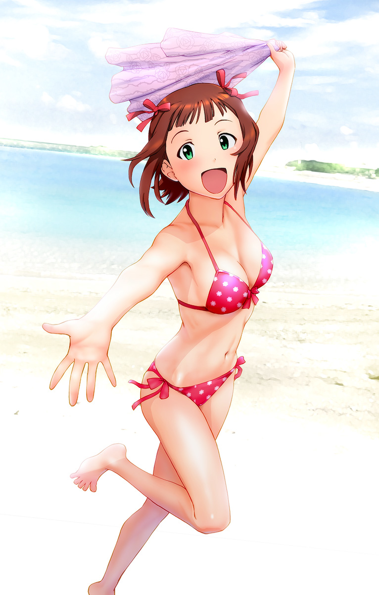 :d amami_haruka barefoot beach beckoning bikini breasts brown_hair cleavage green_eyes hair_ribbon highres idolmaster idolmaster_(classic) looking_at_viewer medium_breasts navel open_mouth outstretched_arm outstretched_hand reaching red_bikini ribbon running short_hair side-tie_bikini smile solo swimsuit ueyama_michirou