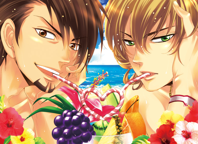bad_id bad_pixiv_id barnaby_brooks_jr blonde_hair brown_eyes brown_hair drink drinking_straw facial_hair flower flower_necklace food fruit grapes green_eyes heart hibiscus jewelry kaburagi_t_kotetsu lei male_focus mariko000 multiple_boys necklace stubble tiger_&amp;_bunny yaoi