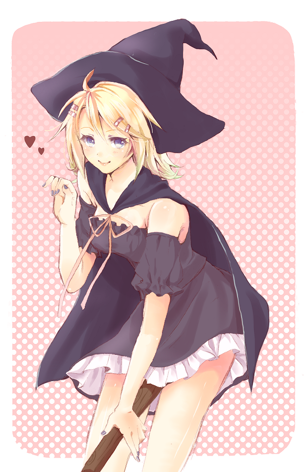 blonde_hair blue_eyes broom dress hair_ornament hairclip hat heart kagamine_rin kijikko short_dress short_hair smile solo vocaloid witch witch_hat