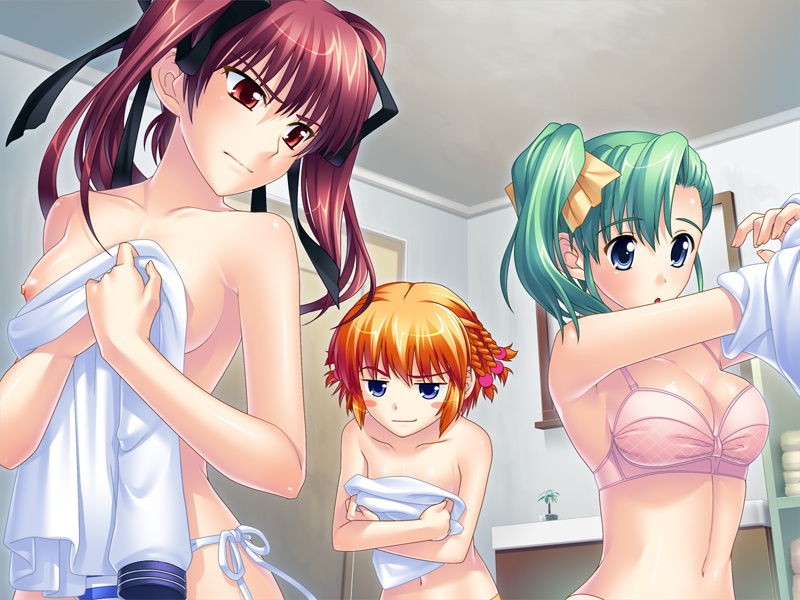 3girls blue_eyes bra green_hair kanisawa_kinu konoe_sunao lingerie multiple_girls navel nishizaki_noriko orange_hair panties red_eyes red_hair side-tie_panties side_ponytail topless tsuyokiss twintails underwear undressing