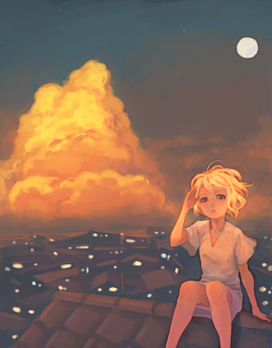blonde_hair blue_eyes cityscape cloud lowres original rooftop sitting solo sunset weno weno's_blonde_original_character