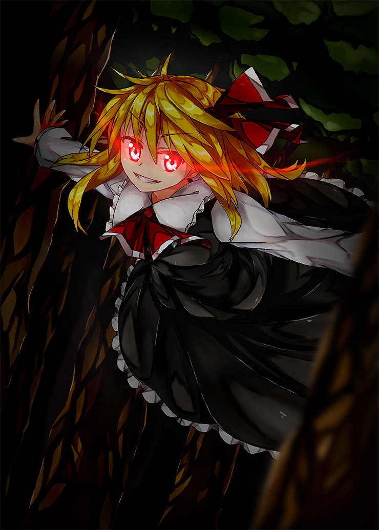 90i ascot blonde_hair bow dress hair_bow outstretched_arms red_eyes rumia short_hair solo spread_arms touhou