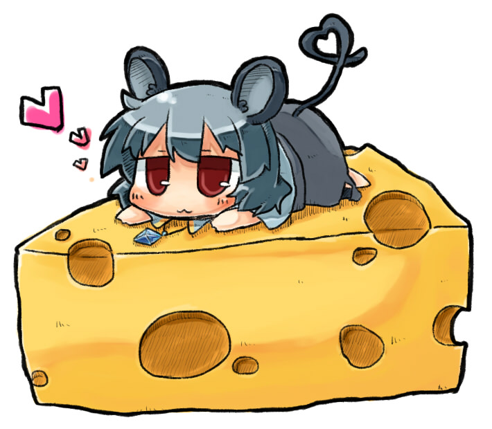 :3 animal_ears bad_id bad_pixiv_id blush cheese chibi dress food grey_dress grey_hair heart heart_tail jewelry lying minigirl mouse_ears mouse_tail nazrin necklace on_stomach pendant red_eyes sanukichi solo tail touhou