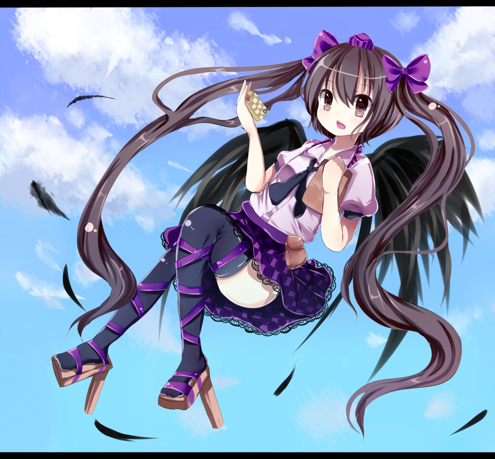 bad_id bad_pixiv_id brown_eyes brown_hair brown_legwear checkered checkered_skirt feathers flying geta hat himekaidou_hatate letterboxed long_hair open_mouth skirt solo thighhighs tokin_hat touhou twintails uiroutsuji_yumihiko very_long_hair wings