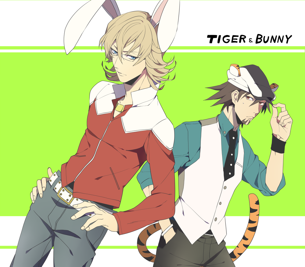 animal_ears bad_id bad_pixiv_id barnaby_brooks_jr belt blonde_hair blue_eyes brown_eyes brown_hair bunny_ears cabbie_hat facial_hair glasses hands_on_hips hat jacket jewelry kaburagi_t_kotetsu male_focus multiple_boys necklace necktie red_jacket stubble studded_belt tail tiger_&amp;_bunny tiger_ears tiger_tail vest waistcoat watch wristwatch yuzumame