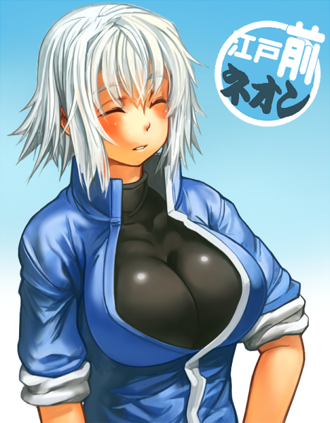 blush breasts cleavage closed_eyes gradient gradient_background impossible_clothes impossible_shirt jacket large_breasts original sachito shirt short_hair skin_tight sleeves_rolled_up solo turtleneck white_hair