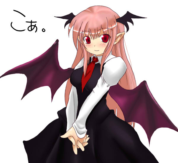 bad_id bad_pixiv_id bat_wings darusu dress_shirt head_wings koakuma long_hair long_sleeves necktie pointy_ears red_eyes red_hair red_neckwear shirt skirt skirt_set smile solo touhou v_arms vest wings