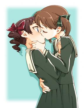 2girls brown_hair kiss lowres multiple_girls school_uniform yuri