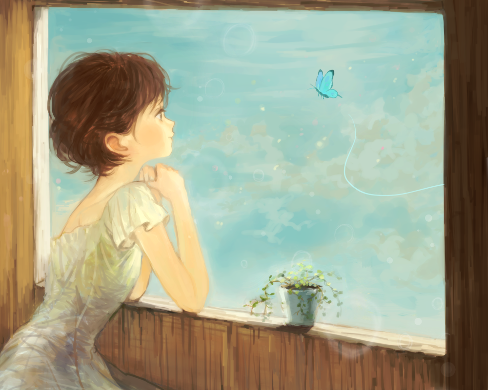arm_support brown_hair bug butterfly dress hands_together insect looking_out_window nou_(brain-m) original plant potted_plant profile short_hair sky solo white_dress window