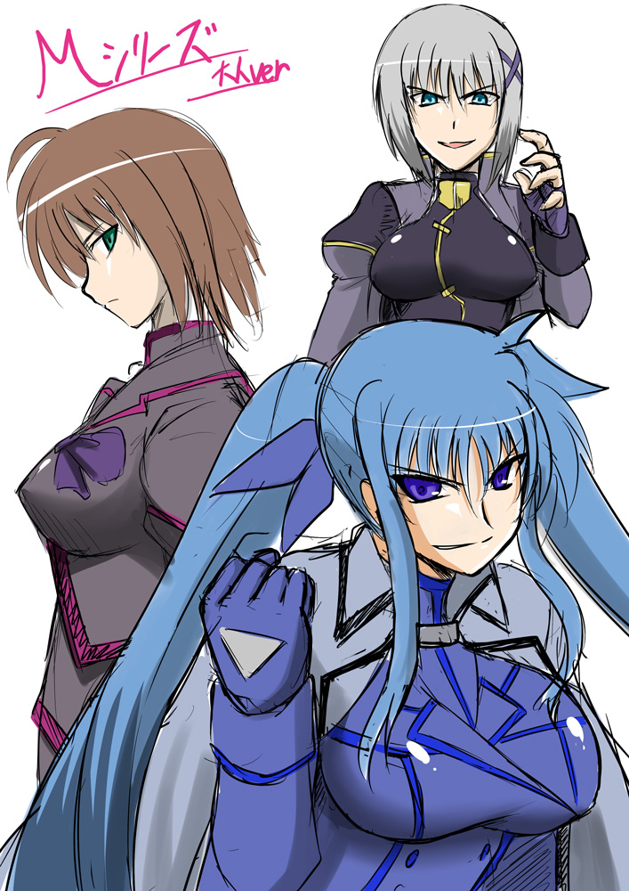 blue_eyes blue_hair breasts brown_hair fingerless_gloves gloves green_eyes grey_hair hair_ornament large_breasts lyrical_nanoha mahou_shoujo_lyrical_nanoha mahou_shoujo_lyrical_nanoha_a's mahou_shoujo_lyrical_nanoha_a's_portable:_the_battle_of_aces material-d material-l material-s multiple_girls older twintails zerosu_(take_out)